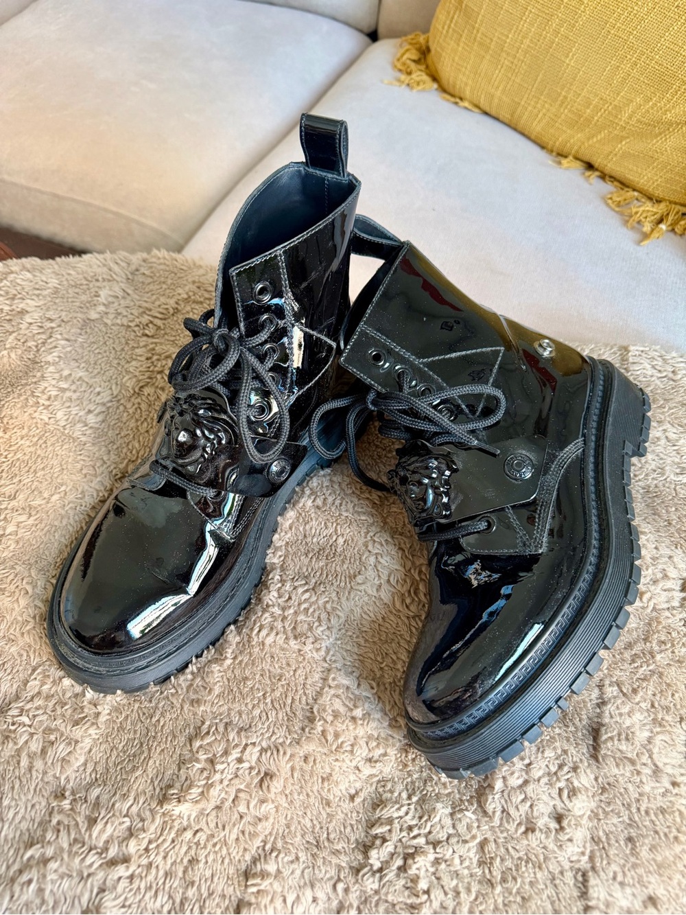 Versace Medusa Patent Leather Combat Boots Black Platform Ankle Boots EU 39